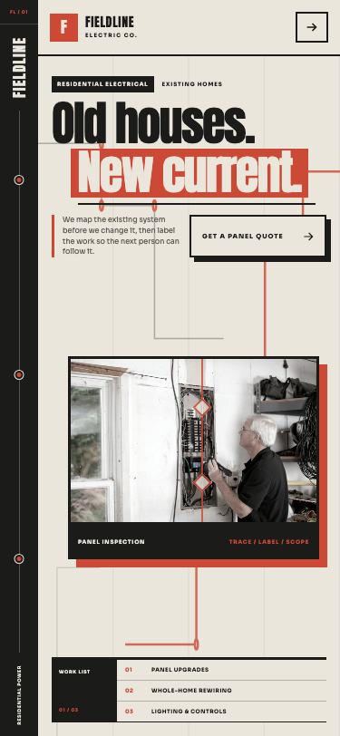 Fieldline Electric website displayed on a tablet