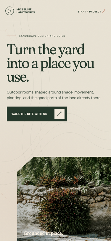 Mossline Landworks website displayed on a tablet