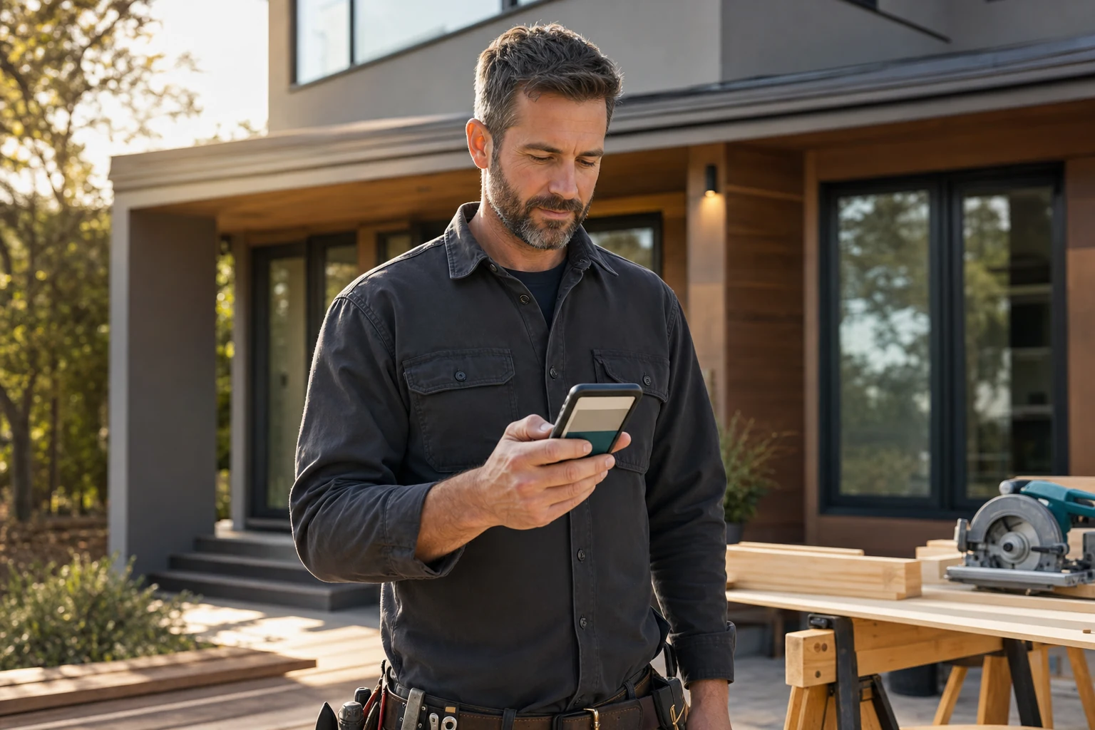 Home-service contractor reviewing his business website on a phone outside a completed home project