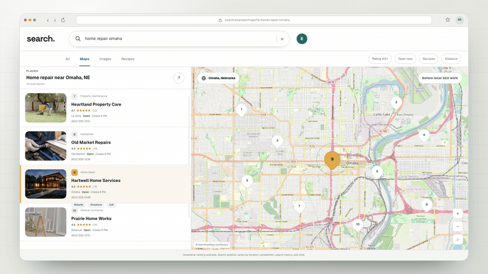 Animated illustrative search-results comparison showing Hartwell Home Services moving from ninth to first among ten fictional Omaha home-repair businesses