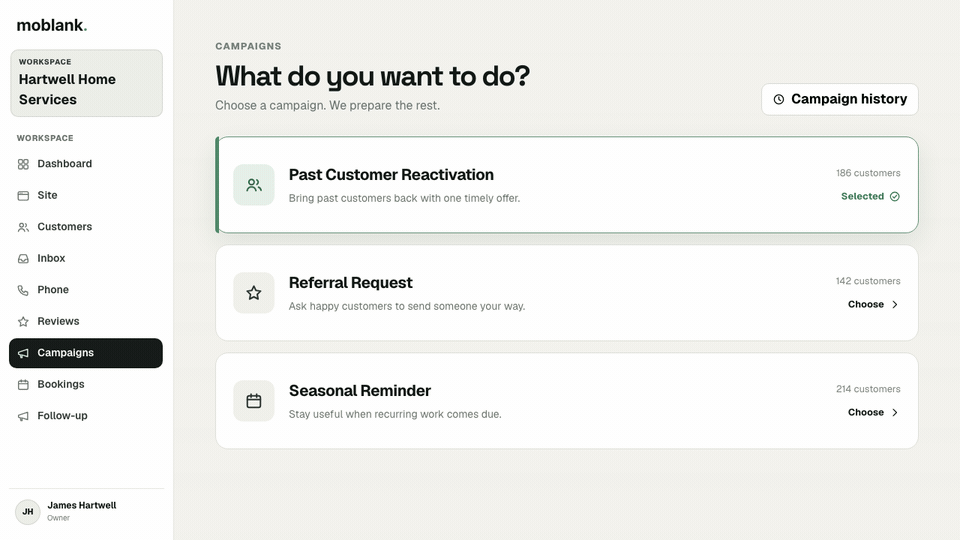 Animated Moblank campaign flow showing a past-customer campaign being chosen, reviewed, launched to an eligible audience, and producing customer replies in the inbox