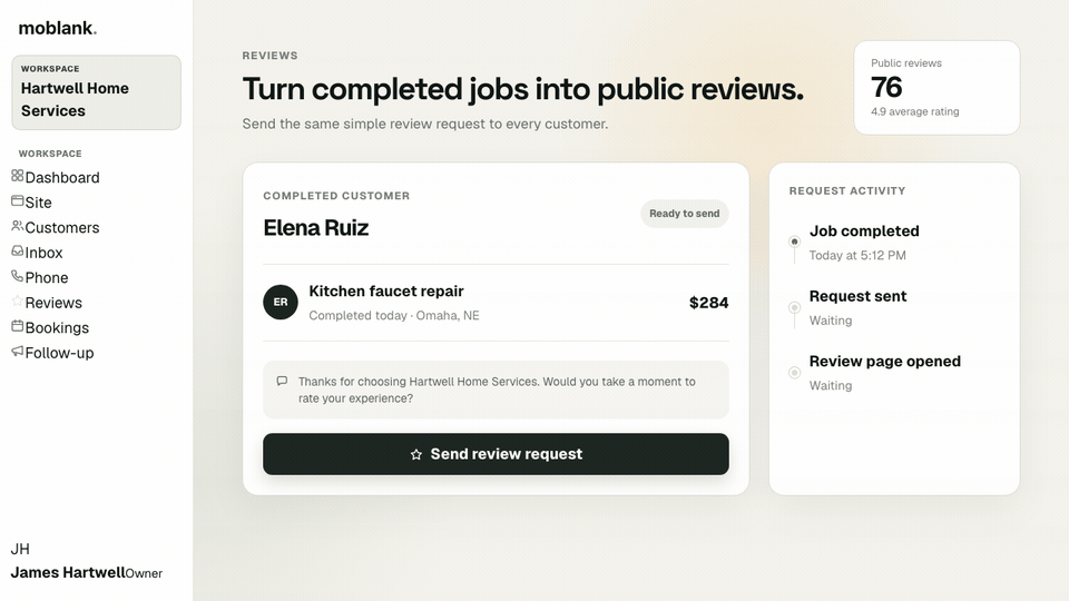 Animated demonstration of Hartwell Home Services sending a review request, a customer choosing five stars, and the customer reaching the public-review handoff